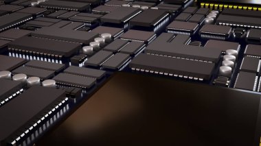 Gelişmiş mikroçip teknolojisini, elektronik mühendisliğini, yarı iletken tasarımını ve modern yüksek performanslı bilgisayar sistemlerini temsil eden bir ana karttaki entegre devrelerin görüntüsünü kapat..