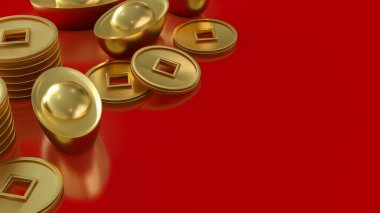Zenginliği, refahı, serveti ve finansal başarıyı sembolize eden altın Çin külçeleri ve sikkelerinin zarif 3D yorumlanması, canlı kırmızı bir arkaplana karşı hazırlanmıştır..