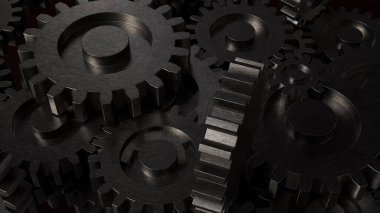 Koyu metal dişlilerin 3 boyutlu çizimi, endüstriyel mühendisliği, mekanik sistemleri, otomasyon teknolojisini, takım çalışmasını ve etkileyici modern arka plana sahip verimli endüstriyel süreçleri sembolize eder.