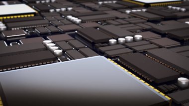 Gelişmiş mikroçip teknolojisini, elektronik mühendisliğini, yarı iletken tasarımını ve modern yüksek performanslı bilgisayar sistemlerini temsil eden bir ana karttaki entegre devrelerin görüntüsünü kapat..