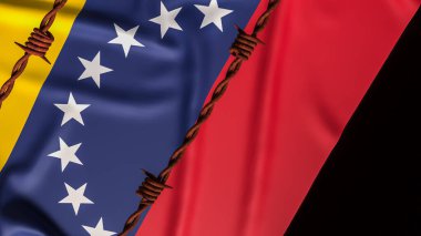 Venezuela ulusal bayrağının üzerindeki dikenli teller siyasi krizi, ekonomik yaptırımları, kısıtlı özgürlüğü, uluslararası baskıyı ve ülkeyi etkileyen devam eden jeopolitik gerilimi simgeliyor..
