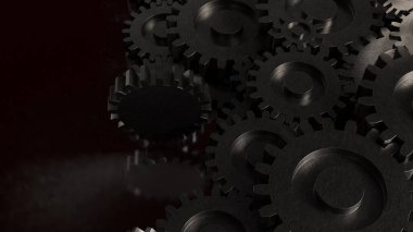 Koyu metal dişlilerin 3 boyutlu çizimi, endüstriyel mühendisliği, mekanik sistemleri, otomasyon teknolojisini, takım çalışmasını ve etkileyici modern arka plana sahip verimli endüstriyel süreçleri sembolize eder.
