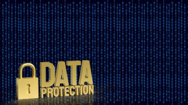 Siber güvenlik, dijital mahremiyet, güvenli bilgi sistemleri ve çevrimiçi veri güvenliği teknolojisini sembolize eden ikili kod arkaplan üzerinde veri koruma metni bulunan altın asma kilit