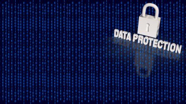 Veri koruması, siber güvenlik, dijital mahremiyet, bilgi güvenliği ve güvenli çevrimiçi teknoloji sistemlerini temsil eden ikili kod arkaplanı üzerindeki asma kilit sembolü