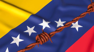 Venezuela ulusal bayrağının üzerindeki dikenli teller siyasi krizi, ekonomik yaptırımları, kısıtlı özgürlüğü, uluslararası baskıyı ve ülkeyi etkileyen devam eden jeopolitik gerilimi simgeliyor..