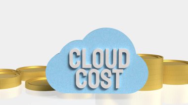 Bulut hesaplama simgesi ve altın sikkeleri ile bulut maliyet konseptinin 3 boyutlu çizimi, bulut harcamaları, bütçe iyileştirmesi, maliyet optimizasyonu ve dijital altyapı için finansal planlama.
