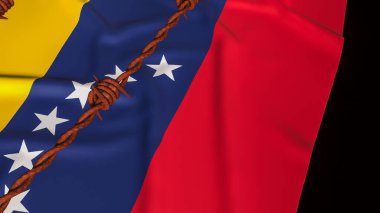 Venezuela ulusal bayrağının üzerindeki dikenli teller siyasi krizi, ekonomik yaptırımları, kısıtlı özgürlüğü, uluslararası baskıyı ve ülkeyi etkileyen devam eden jeopolitik gerilimi simgeliyor..