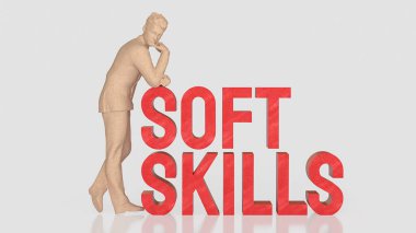 Düşünen iş adamı yumuşak becerilere dayanır iletişim, liderlik, duygusal zeka, kişisel gelişim ve kariyer gelişimi için gerekli işyeri becerilerini simgeleyen metinler yazar..