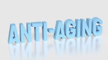 Temiz arka planda mavi 3D tipografiye sahip minimalist yaşlanma karşıtı konsept, uzun yaşam, cilt yeniliği, sağlık ve modern tıbbi veya kozmetik bilimi temsil etmektedir.