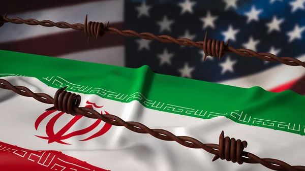 ABD bayraklarının bulanık olduğu dikenli tellerin arkasındaki İran bayrağı yaptırımları, siyasi baskıyı, jeopolitik gerilimi, uluslararası çatışmayı, nükleer anlaşmazlığı ve gergin diplomatik ilişkileri simgeliyor..