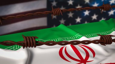 ABD bayraklarının bulanık olduğu dikenli tellerin arkasındaki İran bayrağı yaptırımları, siyasi baskıyı, jeopolitik gerilimi, uluslararası çatışmayı, nükleer anlaşmazlığı ve gergin diplomatik ilişkileri simgeliyor..