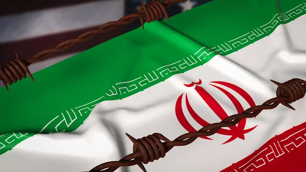 ABD bayraklarının bulanık olduğu dikenli tellerin arkasındaki İran bayrağı yaptırımları, siyasi baskıyı, jeopolitik gerilimi, uluslararası çatışmayı, nükleer anlaşmazlığı ve gergin diplomatik ilişkileri simgeliyor..