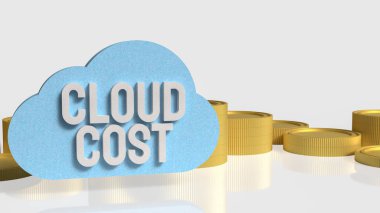 Bulut hesaplama simgesi ve altın sikkeleri ile bulut maliyet konseptinin 3 boyutlu çizimi, bulut harcamaları, bütçe iyileştirmesi, maliyet optimizasyonu ve dijital altyapı için finansal planlama.