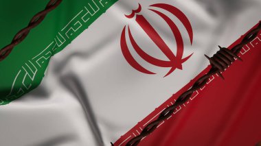 Dikenli tellerin arkasındaki İran bayrağı ekonomik yaptırımları, siyasi izolasyonu, uluslararası baskıyı, insan hakları kaygılarını ve İran ile küresel ilişkileri etkileyen jeopolitik gerilimi simgeliyor..