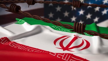 ABD bayraklarının bulanık olduğu dikenli tellerin arkasındaki İran bayrağı yaptırımları, siyasi baskıyı, jeopolitik gerilimi, uluslararası çatışmayı, nükleer anlaşmazlığı ve gergin diplomatik ilişkileri simgeliyor..