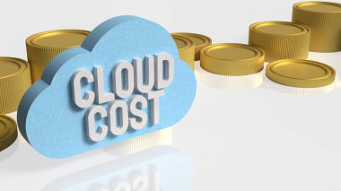 Bulut hesaplama simgesi ve altın sikkeleri ile bulut maliyet konseptinin 3 boyutlu çizimi, bulut harcamaları, bütçe iyileştirmesi, maliyet optimizasyonu ve dijital altyapı için finansal planlama.
