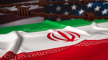 ABD bayraklarının bulanık olduğu dikenli tellerin arkasındaki İran bayrağı yaptırımları, siyasi baskıyı, jeopolitik gerilimi, uluslararası çatışmayı, nükleer anlaşmazlığı ve gergin diplomatik ilişkileri simgeliyor..