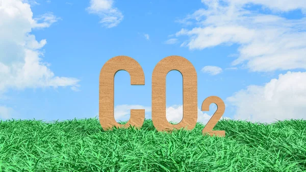 Mavi gökyüzü altındaki yeşil çimlerin üzerinde duran CO2 karbondioksit sembolü iklim değişikliği emisyonlarını çevresel etki sürdürülebilirliği ve küresel ısınmayı temsil etmektedir.