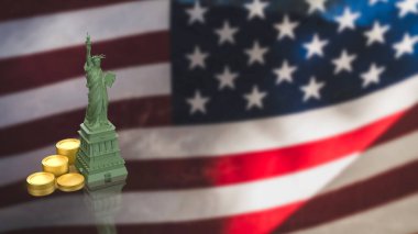 Altın sikkeli Özgürlük Anıtı ve özgürlük ekonomisi yatırım refahını temsil eden ABD bayrağı. Ulusal finans ve iş büyümesi kavramı.