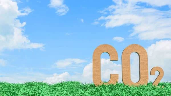 Mavi gökyüzü altındaki yeşil çimlerin üzerinde duran CO2 karbondioksit sembolü iklim değişikliği emisyonlarını çevresel etki sürdürülebilirliği ve küresel ısınmayı temsil etmektedir.