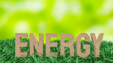 Yeşil çimlerin üzerinde duran ahşap enerji metni yenilenebilir enerji sürdürülebilirliğini temsil ediyor temiz çevre çevre çevre çevre çevre çevre çevre çevre çevre çevre çevre çevre çevre çevre çevre çevre çevre yeşil iş ve çevre teknolojisi için arka plan