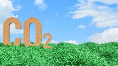 Mavi gökyüzü altındaki yeşil çimlerin üzerinde duran CO2 karbondioksit sembolü iklim değişikliği emisyonlarını çevresel etki sürdürülebilirliği ve küresel ısınmayı temsil etmektedir.