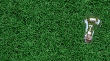 Yeşil çimenlerin üzerinde duran şeffaf ampul çevre dostu enerji sürdürülebilirliğini yenilenebilir enerji yeniliği ve temiz teknoloji kavramını sembolize eder.