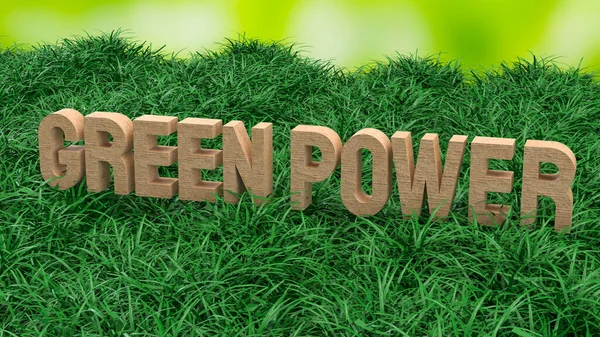 Tahta yeşil güç metni yenilenebilir enerji sürdürülebilirliğini temsil eden yenilenebilir enerji çevresel farkındalığı ve temiz enerji kavramını temsil ediyor.