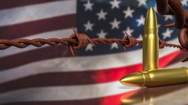 Birleşik Devletler bayrağının üzerinde altın kurşunlar ve dikenli teller var. Silah şiddeti, güvenlik kontrolü, siyasi gerginlik özgürlüğü ve ulusal çatışmayı simgeliyor.