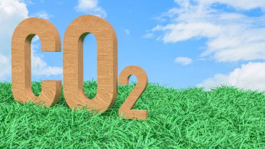 Mavi gökyüzü altındaki yeşil çimlerin üzerinde duran CO2 karbondioksit sembolü iklim değişikliği emisyonlarını çevresel etki sürdürülebilirliği ve küresel ısınmayı temsil etmektedir.