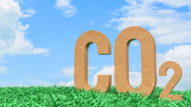Mavi gökyüzü altındaki yeşil çimlerin üzerinde duran CO2 karbondioksit sembolü iklim değişikliği emisyonlarını çevresel etki sürdürülebilirliği ve küresel ısınmayı temsil etmektedir.