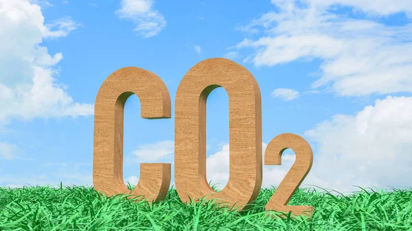 Mavi gökyüzü altındaki yeşil çimlerin üzerinde duran CO2 karbondioksit sembolü iklim değişikliği emisyonlarını çevresel etki sürdürülebilirliği ve küresel ısınmayı temsil etmektedir.