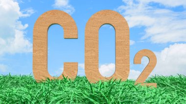 Mavi gökyüzü altındaki yeşil çimlerin üzerinde duran CO2 karbondioksit sembolü iklim değişikliği emisyonlarını çevresel etki sürdürülebilirliği ve küresel ısınmayı temsil etmektedir.