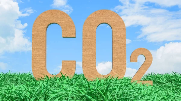 Mavi gökyüzü altındaki yeşil çimlerin üzerinde duran CO2 karbondioksit sembolü iklim değişikliği emisyonlarını çevresel etki sürdürülebilirliği ve küresel ısınmayı temsil etmektedir.