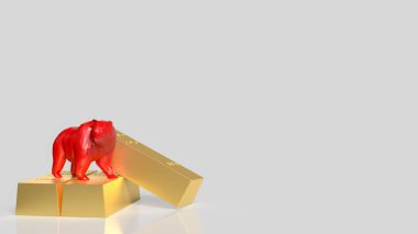 Ayı piyasa riskini temsil eden altın külçeleri üzerinde duran kırmızı ayı heykeli finansal belirsizlik, yatırım kaybı, dengesizlik ve piyasa düşüşü