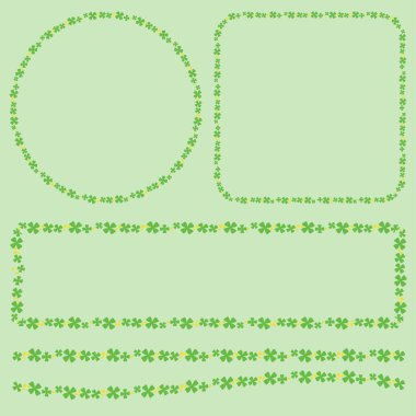 Bahar tasarımı kutlama kartları ve Aziz Patrik Günü temaları için uygun ışık zemininde izole edilmiş yeşil yonca yaprağı çerçeve ve dekoratif çizgiler seti