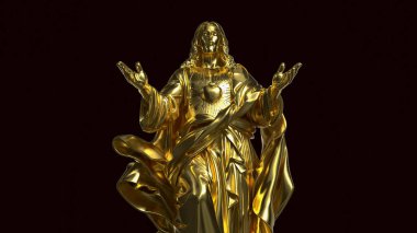 Kutsal Yürek sembollü altın İsa heykeli inancı temsil ediyor şefkati ve Hıristiyan maneviyatını karanlık arka planda dramatik ışıklandırmayla izole ediyor.