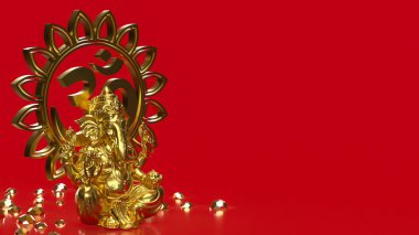 Kırmızı zemin üzerinde Om sembolü olan altın Ganesha heykeli refahı temsil ediyor bilgeliği maneviyatı ve ilahi kutsamayı dekoratif unsurlar ve yansımalarla.