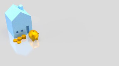 Mavi evin önünde madeni paralar olan altın kumbaralar ev tasarruflarını, emlak yatırımlarını, ipotek planlarını ve beyaz arka planda izole edilmiş mülk finansmanlarını simgeliyor.