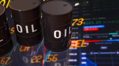 Borsa ticaret ekranının önündeki petrol varilleri küresel enerji endüstrisini temsil ediyor ham petrol fiyatları hareketi hammadde ticareti yatırımları ve finansal piyasa analizi kavramı