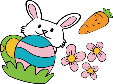Renkli paskalya yumurtası havucu ve çiçekli şirin tavşan karakterleri. Çizgi film stili, Noel dekorasyonu ve çocuk temaları için uygun.