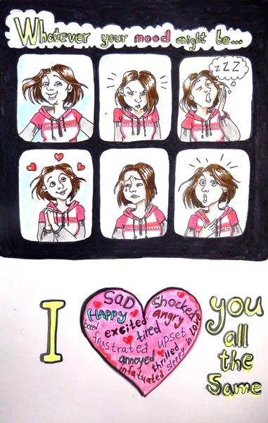 Листівка Святого Валентина "Яким би не був твій настрій - я люблю тебе всіх однаково " — стокове фото