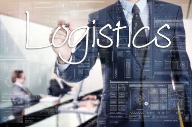 İşadamı hakkında sunum için hazırlanıyor şeffaf tahtaya yazma: lojistik