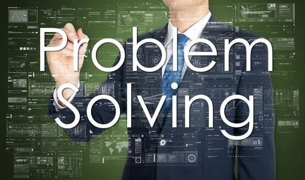 The businessman is writing Problem Solving on the transparent bord — Stock Photo, Image