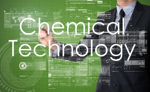 Бизнесмен пишет технологическую терминологию на виртуальном экране - Химические технологии — стоковое фото