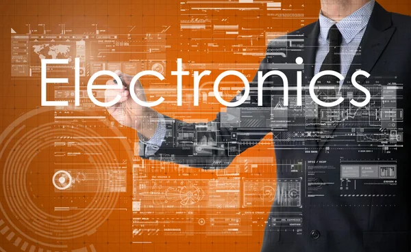 Geschäftsmann schreibt technologische Terminologie auf virtuellem Bildschirm - Elektronik — Stockfoto