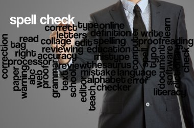 word cloud related to spell check written by businessman clipart