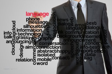 Business man with virtual interface of language wordcloud clipart