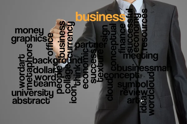 Nuvem de palavras relacionadas ao negócio escrito pelo empresário — Fotografia de Stock