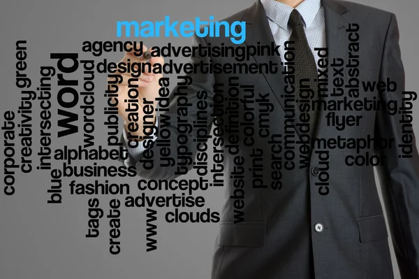 Parola cloud relativa al marketing scritta da uomo d'affari — Foto Stock